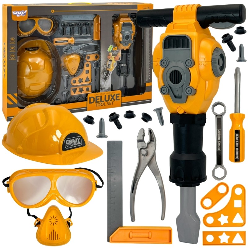 WOOPIE Zestaw Narzędzi Małego Majsterkowicza Gogle Kask Młot Pneumatyczny 21el.