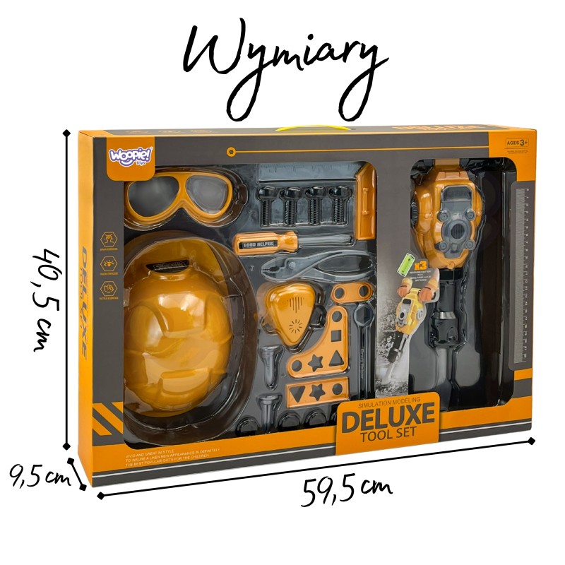 WOOPIE Zestaw Narzędzi Małego Majsterkowicza Gogle Kask Młot Pneumatyczny 21el.