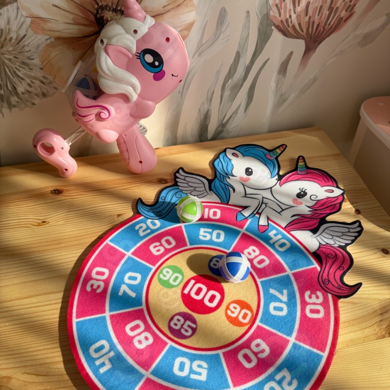 WOOPIE Pištoľ Jednorožec a terč | Sada 2v1 s loptičkami na suchý zips