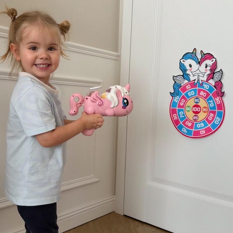 WOOPIE Pištoľ Jednorožec a terč | Sada 2v1 s loptičkami na suchý zips