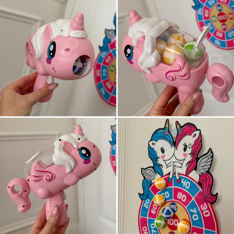 WOOPIE Pištoľ Jednorožec a terč | Sada 2v1 s loptičkami na suchý zips