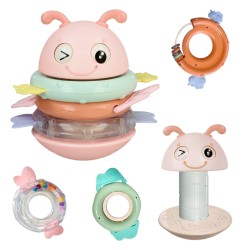 Woopie Baby Hojdací Vstávačik Včielka 5v1 Ružový | Skladacia veža so zvukmi, hrkálka a hryzadlo