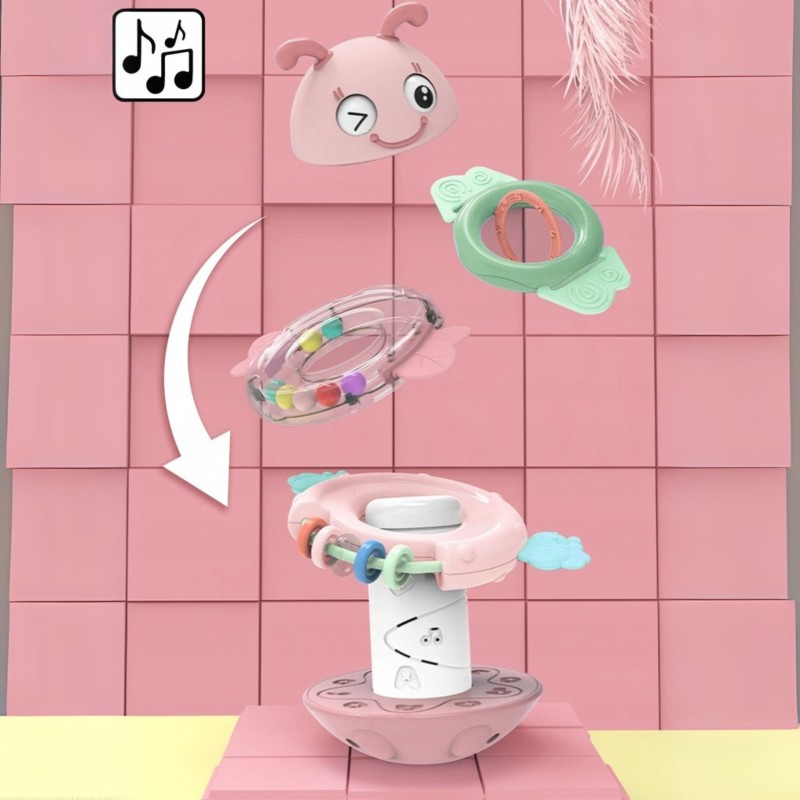 Woopie Baby Hojdací Vstávačik Včielka 5v1 Ružový | Skladacia veža so zvukmi, hrkálka a hryzadlo