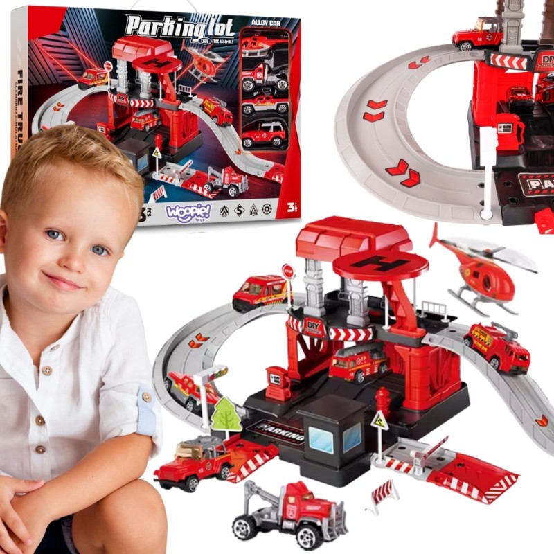 WOOPIE Hasičská stanica a parkovacia garáž 2v1 | Sada s kovovými autíčkami a vrtuľníkom