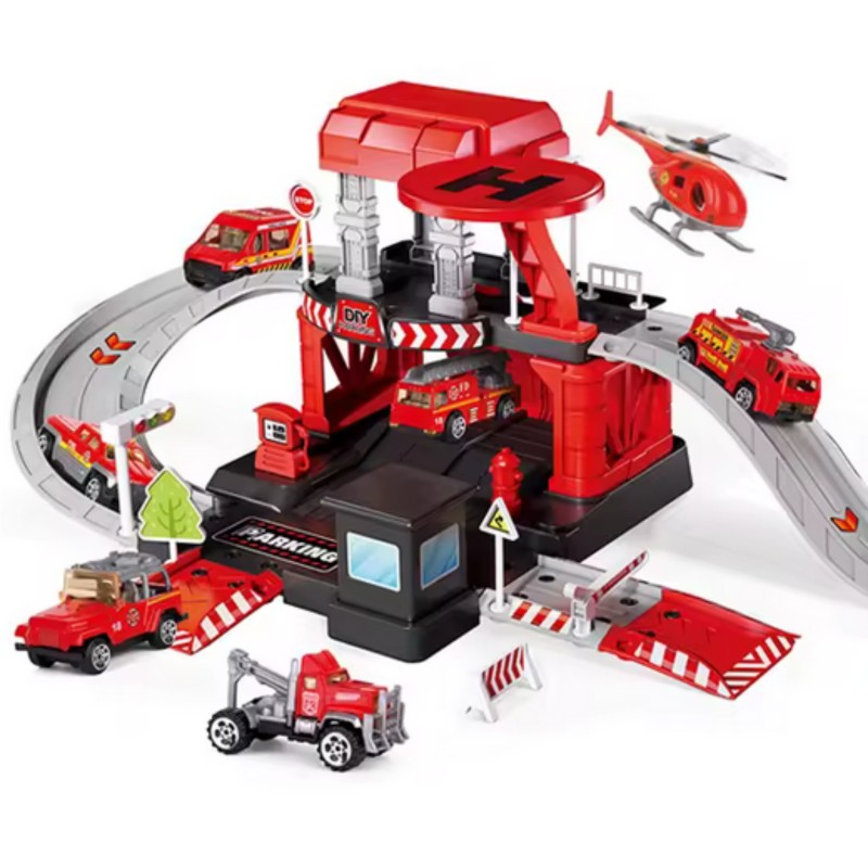 WOOPIE Hasičská stanica a parkovacia garáž 2v1 | Sada s kovovými autíčkami a vrtuľníkom