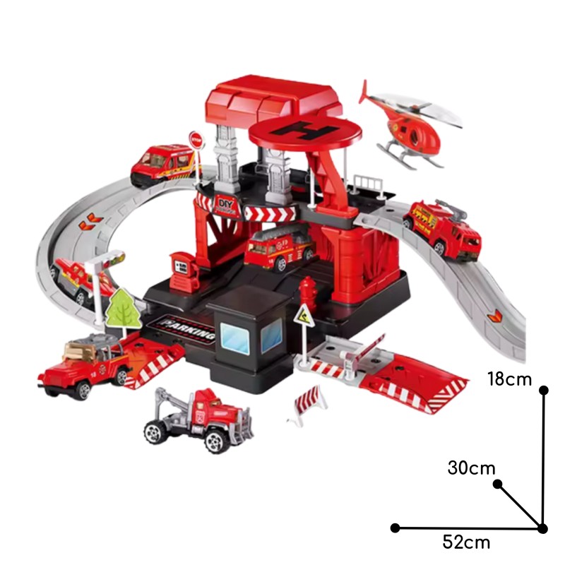 WOOPIE Hasičská stanica a parkovacia garáž 2v1 | Sada s kovovými autíčkami a vrtuľníkom