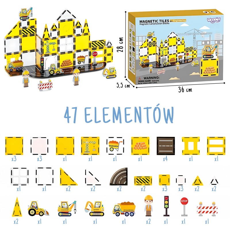 WOOPIE STEAM Magnetická stavebnica Stavenisko | Konštrukčná sada 47 ks