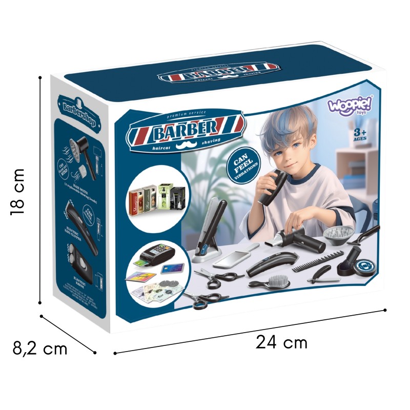 OOPIE Kadernícka a holičská sada Barber | Interaktívny set s funkčným fénom a vibrujúcim strojčekom 24 ks