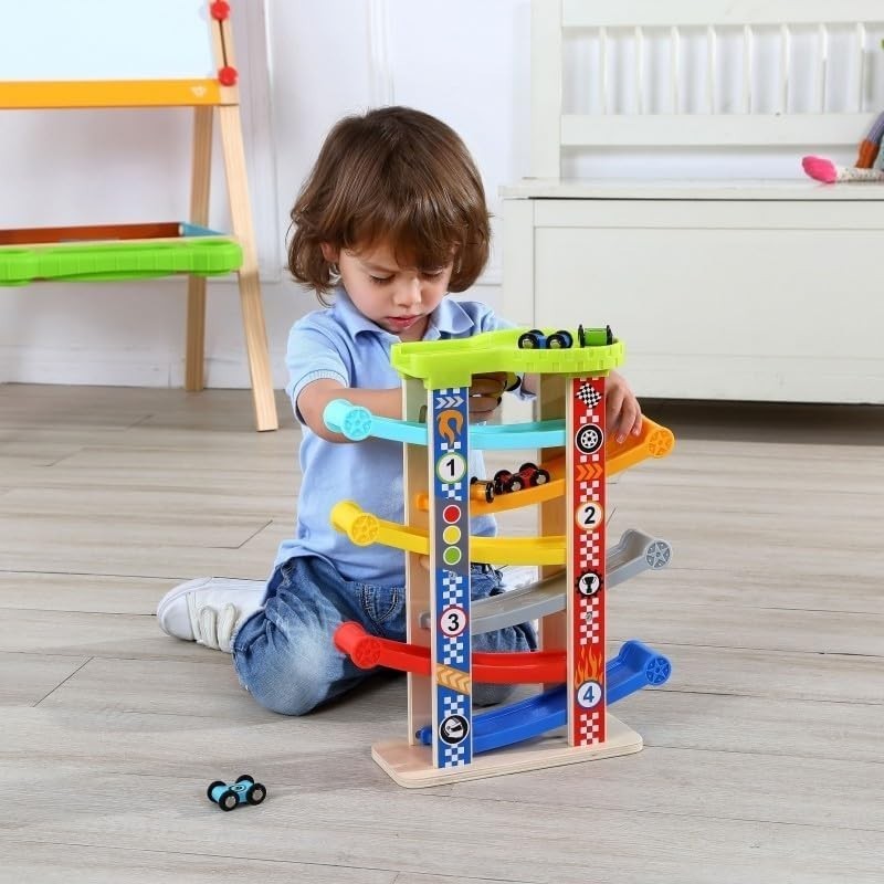 TOOKY TOY Drevená kaskádová autodráha | Dráha pre autíčka so 6 vozidlami