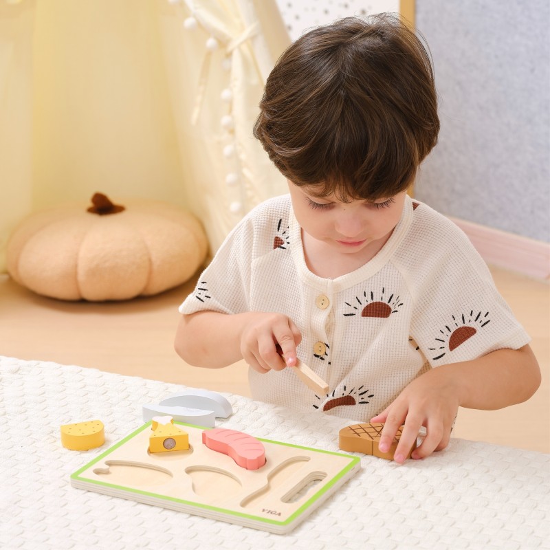 VIGA Drevené mäso na krájanie | Montessori sada s doskou a nožom