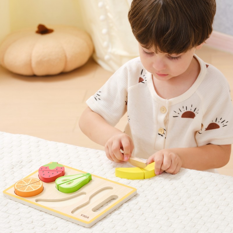 VIGA Drevené ovocie na krájanie | Montessori sada s doskou a nožom