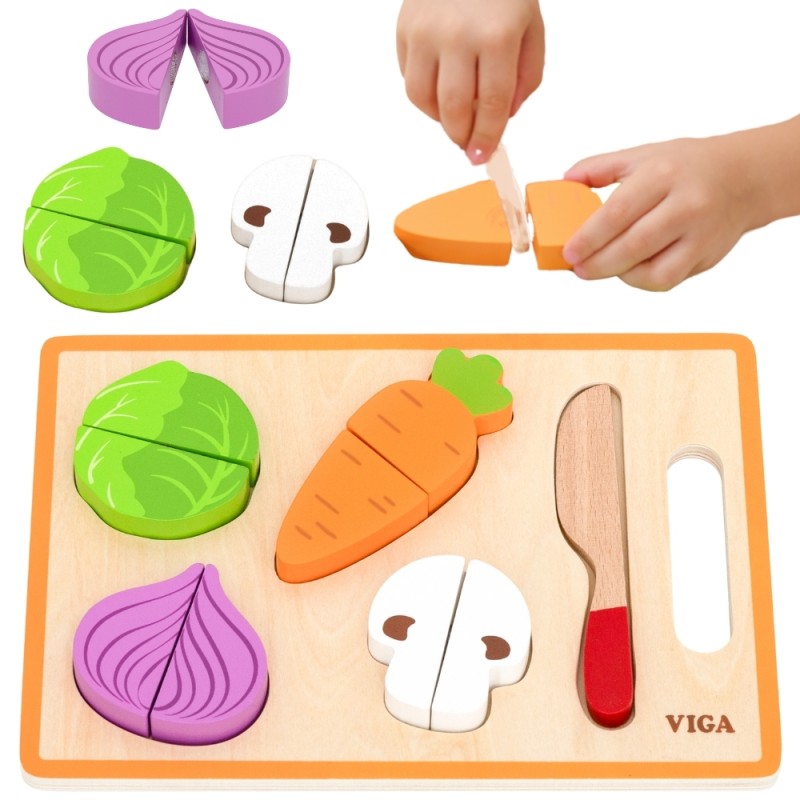 VIGA Drevená zelenina na krájanie | Montessori sada s doskou a nožom