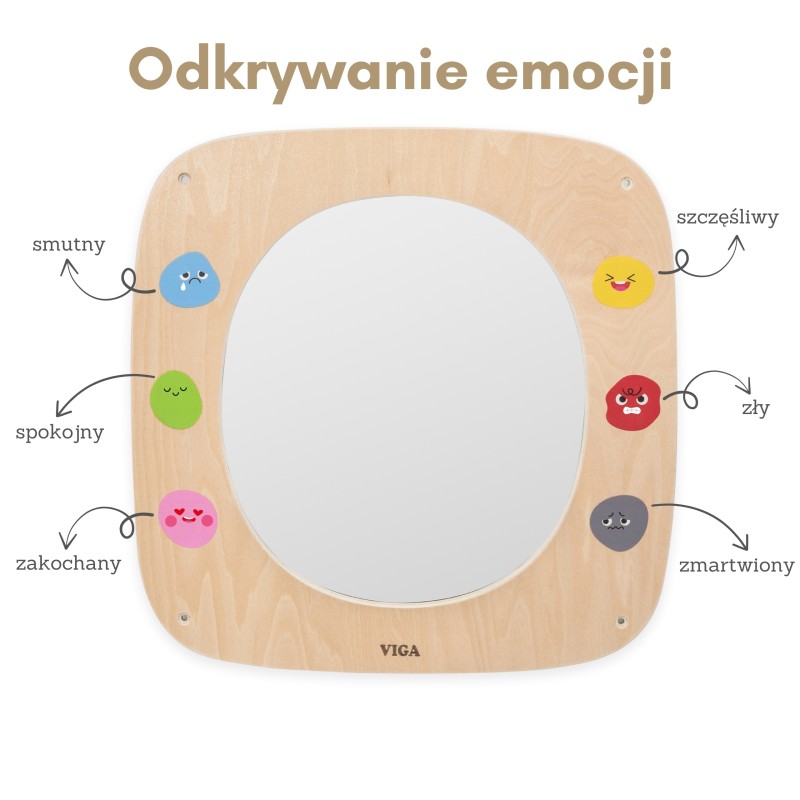 VIGA Nástenné zrkadlo Emócie | Drevená tabuľa na poznávanie pocitov od 12 mesiacov