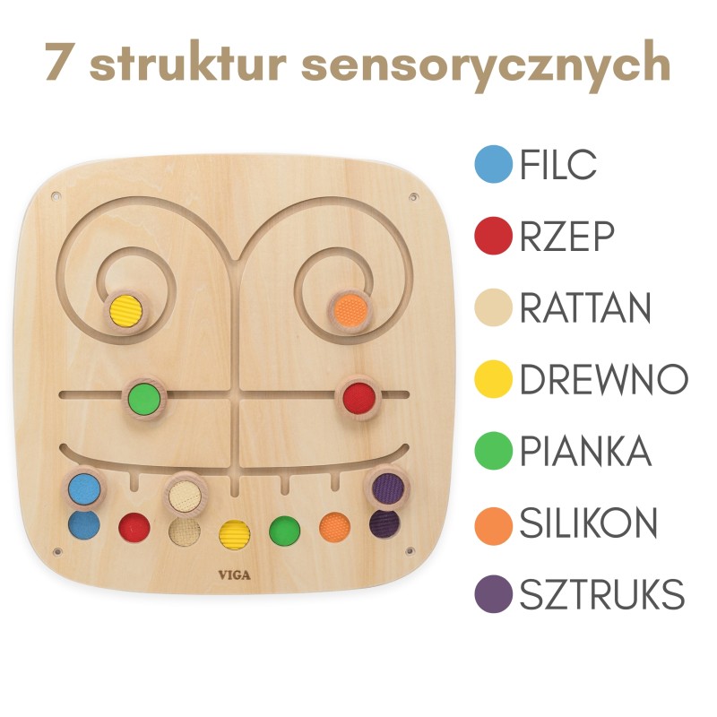 VIGA Drevená nástenná tabuľa Hmatový labyrint | Senzorická hra Dotkni sa a priraď
