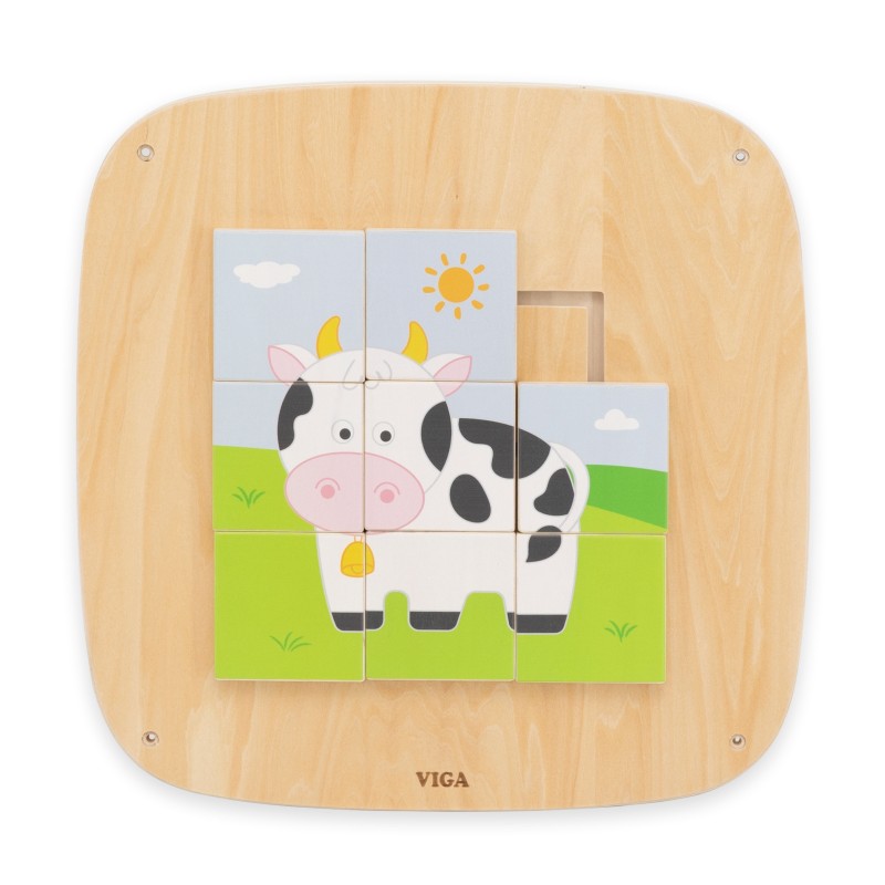 VIGA Drevené nástenné puzzle Kravička | Otáčacia obrázková skladačka na stenu