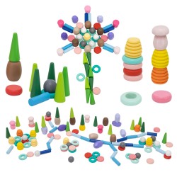 VIGA Montessori sada Prírodné tvary | Kreatívne drevené kocky a figúrky 141 ks