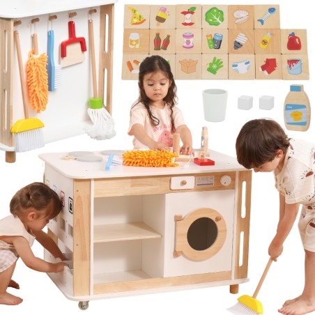 VIGA Drevené domáce centrum 6v1 | Kuchynka, práčka, upratovanie a triedenie odpadu