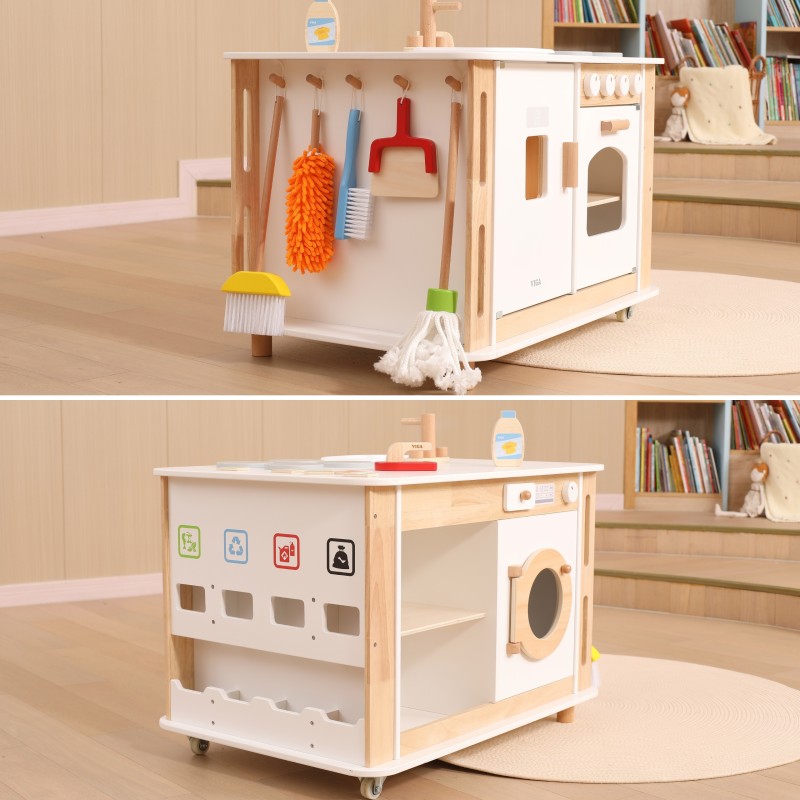 VIGA Drevené domáce centrum 6v1 | Kuchynka, práčka, upratovanie a triedenie odpadu