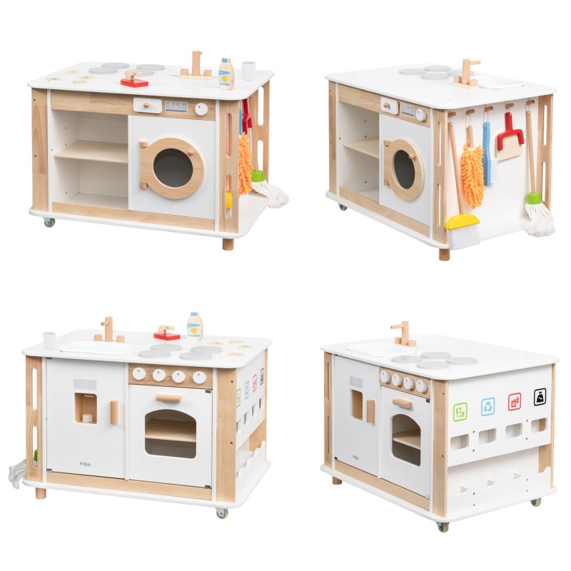 VIGA Drevené domáce centrum 6v1 | Kuchynka, práčka, upratovanie a triedenie odpadu