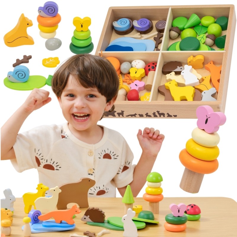 VIGA Drevené kocky Lesné príbehy | Montessori sada voľných dielov v boxe (58 ks)