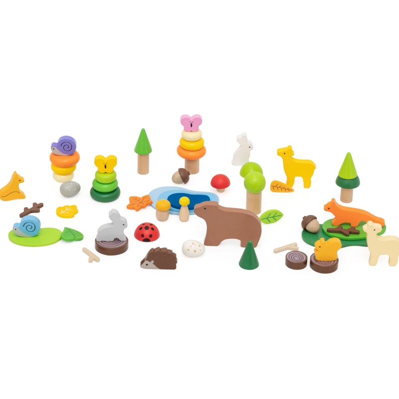 VIGA Drevené kocky Lesné príbehy | Montessori sada voľných dielov v boxe (58 ks)