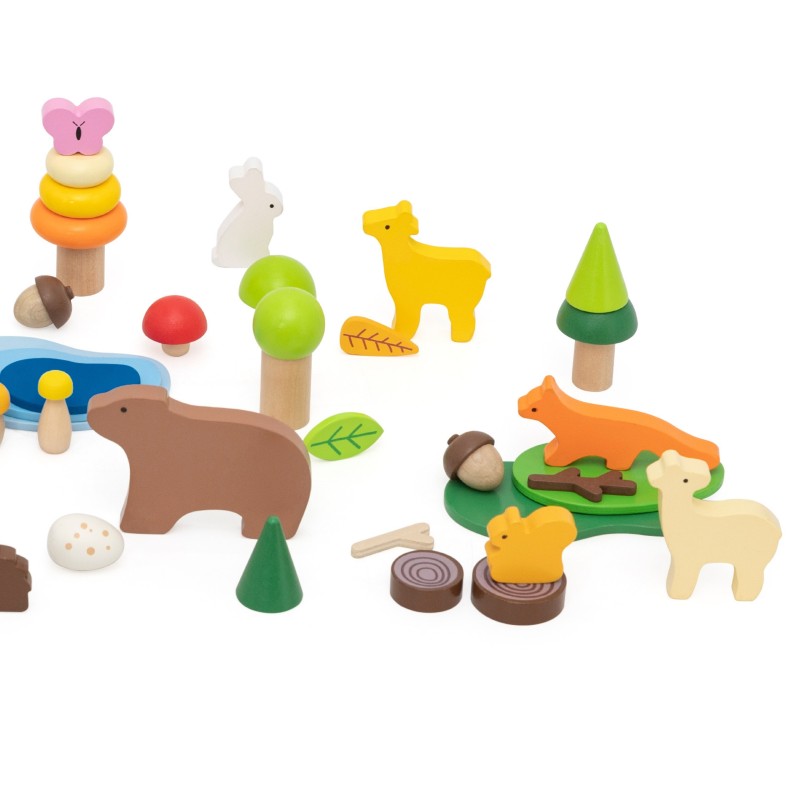 VIGA Drevené kocky Lesné príbehy | Montessori sada voľných dielov v boxe (58 ks)