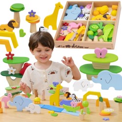 VIGA Drevené kocky Tropické príbehy | Montessori sada Safari zvieratká v boxe (55 ks)