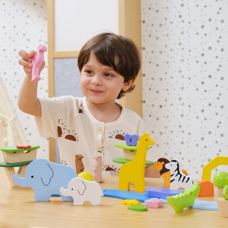 VIGA Drevené kocky Tropické príbehy | Montessori sada Safari zvieratká v boxe (55 ks)