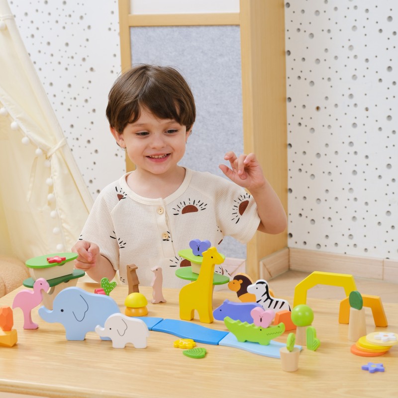 VIGA Drevené kocky Tropické príbehy | Montessori sada Safari zvieratká v boxe (55 ks)