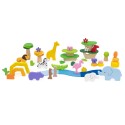 VIGA Drevené kocky Tropické príbehy | Montessori sada Safari zvieratká v boxe (55 ks)