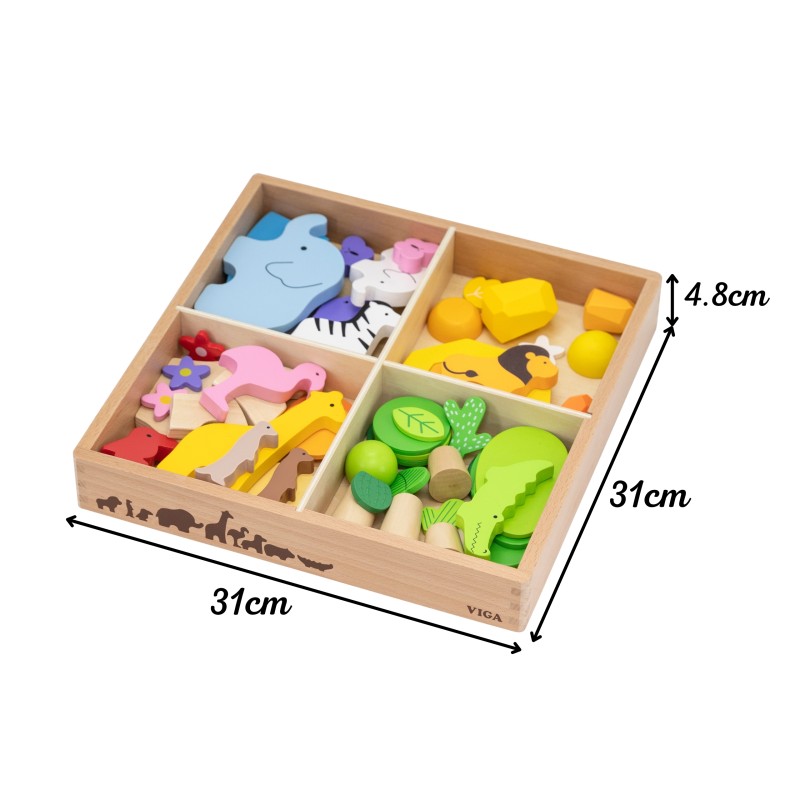VIGA Drevené kocky Tropické príbehy | Montessori sada Safari zvieratká v boxe (55 ks)