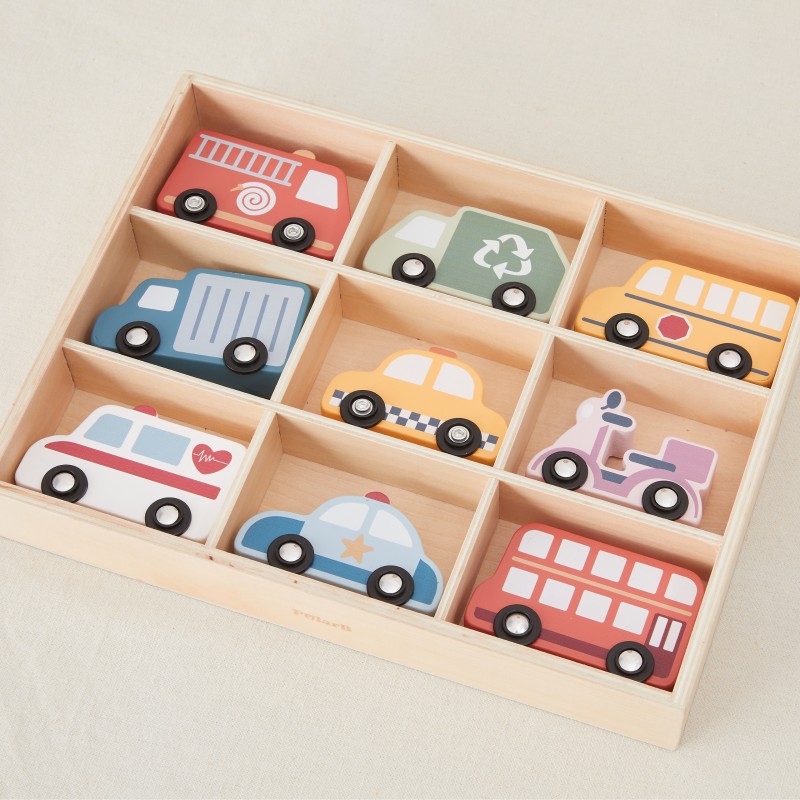 VIGA Drevené mestské autíčka | Sada 9 ks vozidiel v drevenom boxe