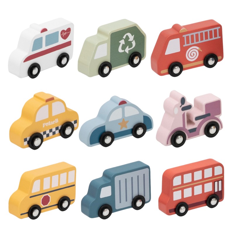 VIGA Drevené mestské autíčka | Sada 9 ks vozidiel v drevenom boxe