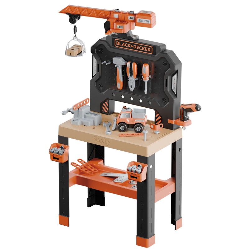 Smoby Detská dielňa Black+Decker Bricolo Builder | Veľký pracovný stôl so žeriavom a náradím (87 ks)