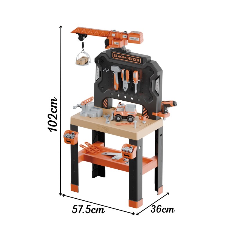 Smoby Detská dielňa Black+Decker Bricolo Builder | Veľký pracovný stôl so žeriavom a náradím (87 ks)
