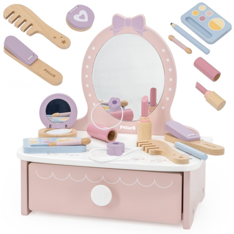 VIGA Drevený kozmetický stolík Kútik princeznej | Toaletný stolík so zrkadlom a 10+ doplnkami