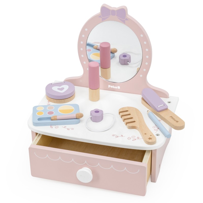 VIGA Drevený kozmetický stolík Kútik princeznej | Toaletný stolík so zrkadlom a 10+ doplnkami