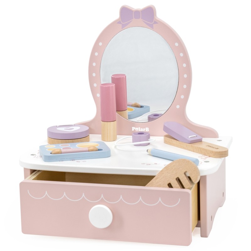 VIGA Drevený kozmetický stolík Kútik princeznej | Toaletný stolík so zrkadlom a 10+ doplnkami