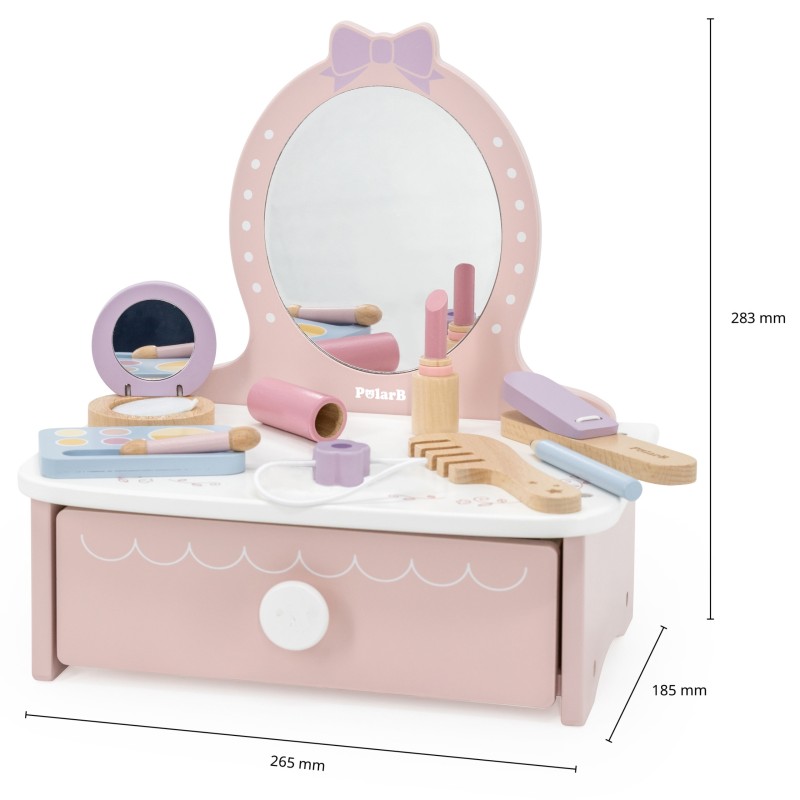 VIGA Drevený kozmetický stolík Kútik princeznej | Toaletný stolík so zrkadlom a 10+ doplnkami