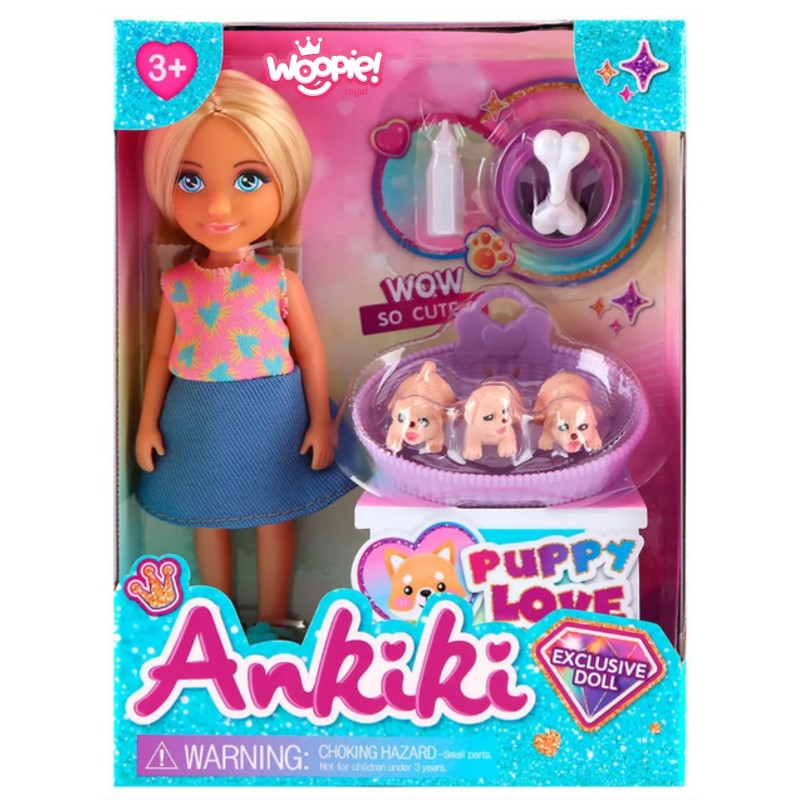 WOOPIE ROYAL Bábika a 3 šteniatka | Sada Starostlivosť o zvieratká s košíkom a doplnkami