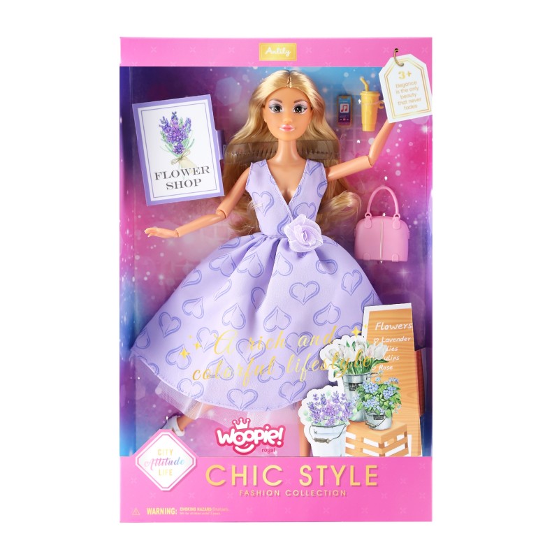WOOPIE ROYAL Bábika Lili (30 cm) | v levanduľových šatách s modernými doplnkami