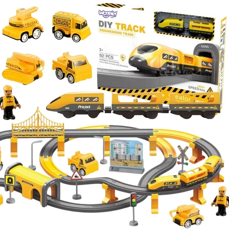 WOOPIE Elektrická vlaková dráha Stavenisko XXL | Veľká sada s vláčikom, mostom a stavebnými autami (92 ks)