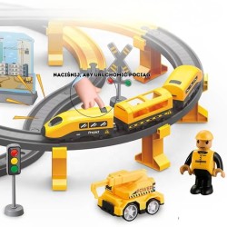 WOOPIE Elektrická vlaková dráha Stavenisko XXL | Veľká sada s vláčikom, mostom a stavebnými autami (92 ks)