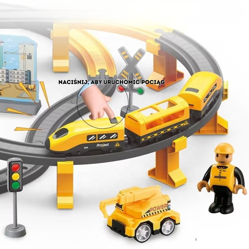 WOOPIE Elektrická vlaková dráha Stavenisko XXL | Veľká sada s vláčikom, mostom a stavebnými autami (92 ks)