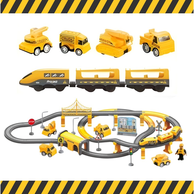 WOOPIE Elektrická vlaková dráha Stavenisko XXL | Veľká sada s vláčikom, mostom a stavebnými autami (92 ks)