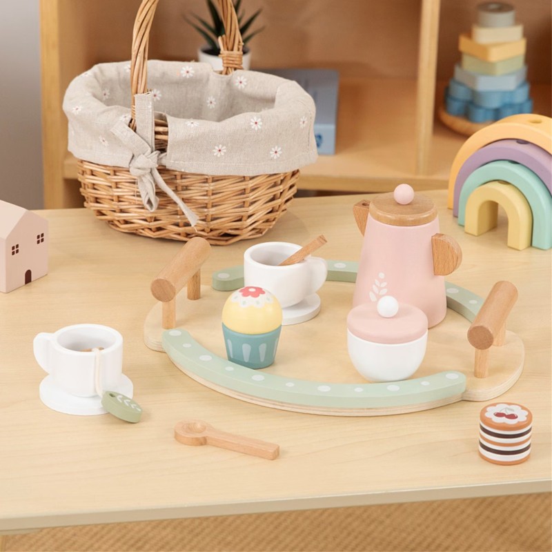 WOOPIE GREEN EKO Drevená čajová súprava | Montessori sada Hra na kaviareň (FSC 12 ks)