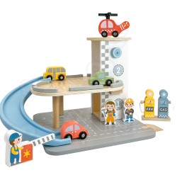 WOOPIE GREEN EKO Drevená poschodová garáž 2v1 | Parkovisko s pumpou a autíčkami (FSC 12 ks)