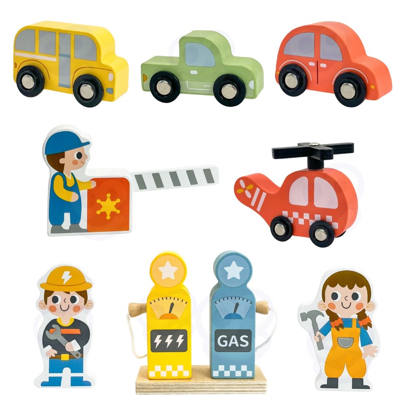 WOOPIE GREEN EKO Drevená poschodová garáž 2v1 | Parkovisko s pumpou a autíčkami (FSC 12 ks)