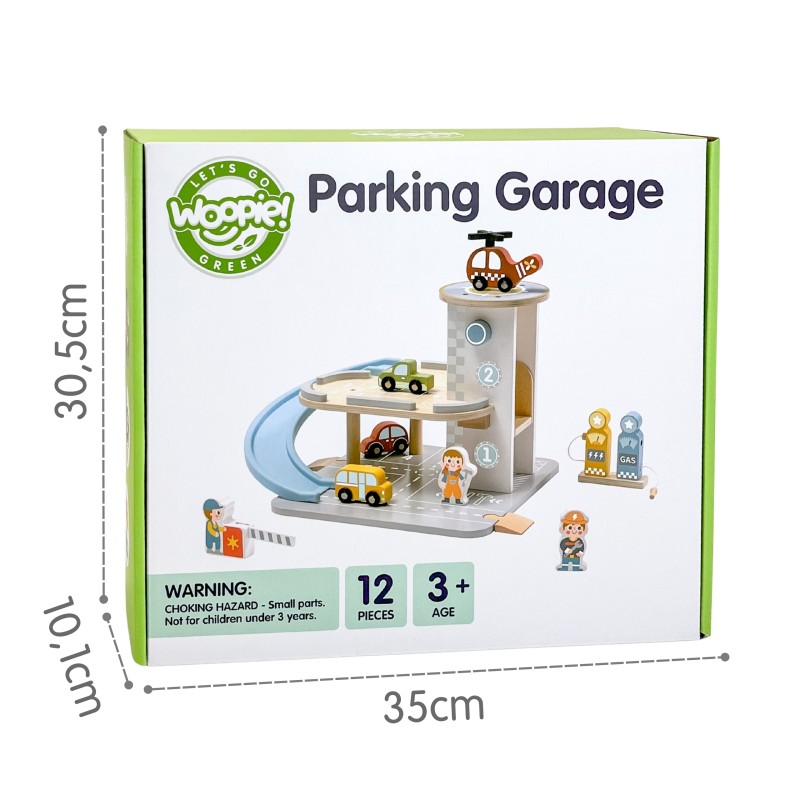 WOOPIE GREEN EKO Drevená poschodová garáž 2v1 | Parkovisko s pumpou a autíčkami (FSC 12 ks)