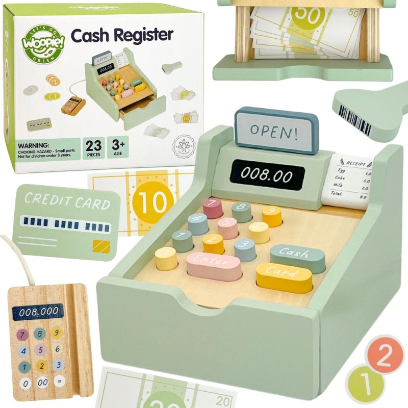 WOOPIE GREEN EKO Drevená pokladňa | Montessori sada Hra na obchod so skenerom a peniazmi (FSC)